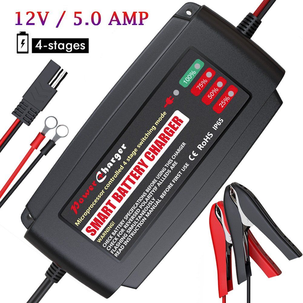 BMK 12V 5A Smart Battery Charger Portable Battery Maintainer with Detachable Alligator/Rings/Clips Fast Charging Waterproof Trickle Charger for Car Boat Lawn Mower Marine Sealed Lead Acid Battery 